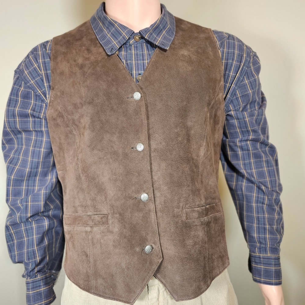 Vtg Royal Sport Mens XL Brown Suede Leather Western Vest Engraved ButtonsRN69271